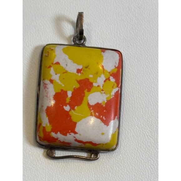 Vintage Rectangular Abstract Enamel Pendant With Silver-Tone Frame - Picture 1 of 6